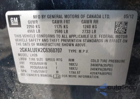 2012 GMC Terrain Slt-1 from USA, damaged, VIN 2GKALUEK2C6360707